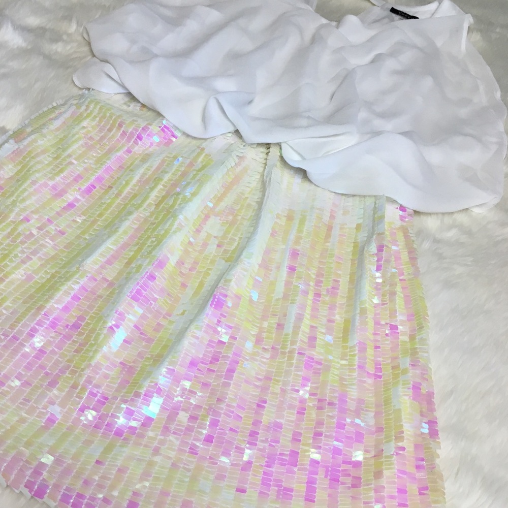 White/Ivory with Pink & Yellow Sequins Mini Dress - Picture 5 of 5